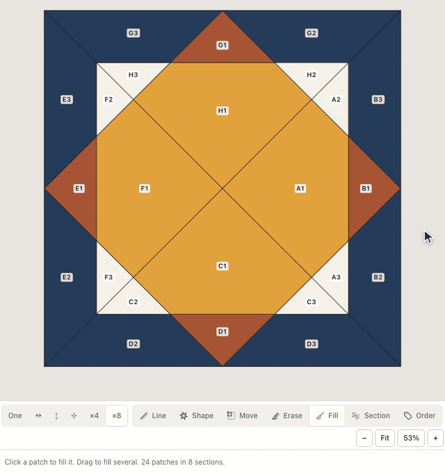 Drawing two lines with eight-way symmetry turns a blank panel into a numbered block in eight sections, then it fills with navy, rust, cream and gold