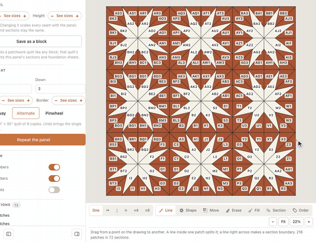 Opening Repeat, choosing three across and three down, and laying the spiky star block across a quilt of nine