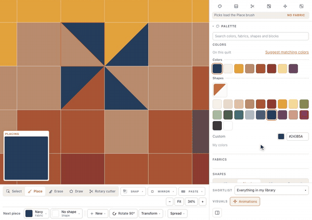 The rotary cutter marks four diagonal cuts across four squares, Finalize cuts them all, and painting one half of each navy makes a pinwheel of half-square triangles