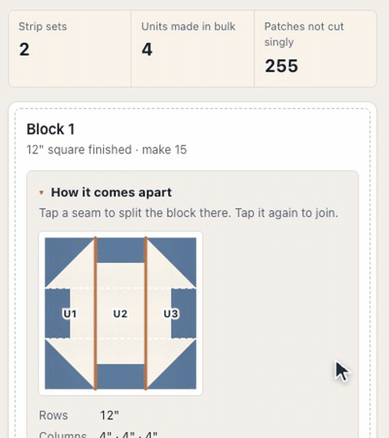 On the printable pattern's Construction tab, How it works compares Cut every piece with In sections for a Churn Dash block: the film splits the block into units U1, U2 and U3, In sections is chosen, and the totals read 2 strip sets, 4 units made in bulk and 255 patches not cut singly, with the block split into three columns