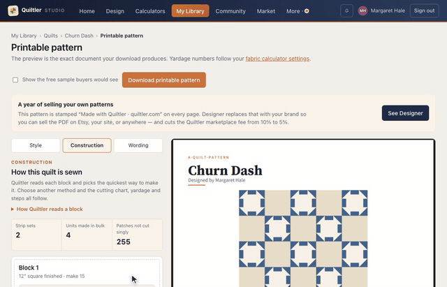 In the designer, More then Printable pattern — cutting & sewing opens the quilt's printable pattern, and its Construction tab shows How this quilt is sewn, with the totals and Block 1 beside a preview of the pattern