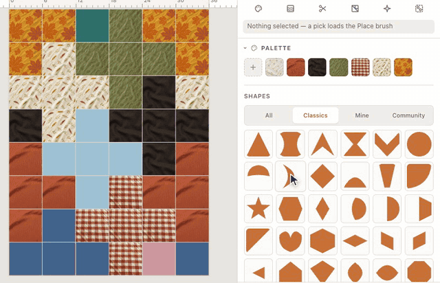 A Plus Quilt in plain colors; photos of real fabric are dragged from the palette onto it one by one, and every square of a color turns into that print: maple leaves, harvest sprigs, olive oak, a bark blender, rust herringbone and a cinnamon gingham