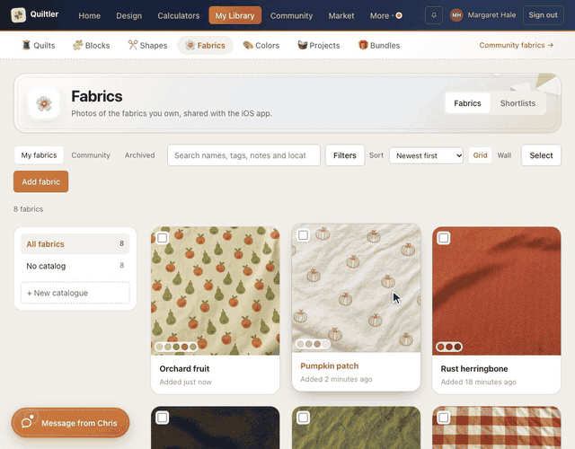 In Add a fabric, the crop’s corner is pulled in on a photo of an orchard-fruit print and the square slid over; it is named Orchard fruit, Print width is set to 14 inches, and Add fabric puts Orchard fruit first in the stash, added just now