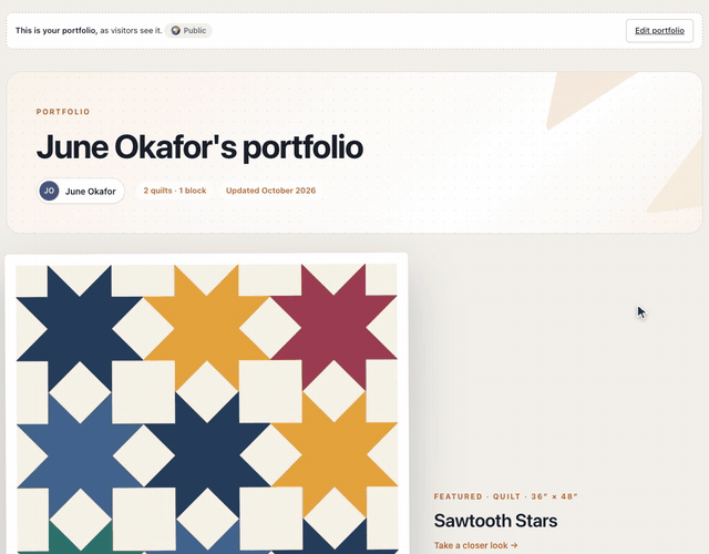 On the account page, + Add pieces opens Add to your portfolio; two quilts are picked from the Quilts tab and an Ohio Star from the Blocks tab, and all three are hung on the wall; the portfolio is switched from Private to Public, and View portfolio opens June Okafor's portfolio with Sawtooth Stars as its featured quilt