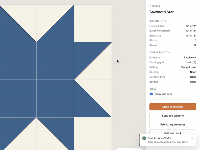 A Sawtooth Star block open in the library; Send to someone, As their own, a Quiltler email, and Send block confirms it was sent