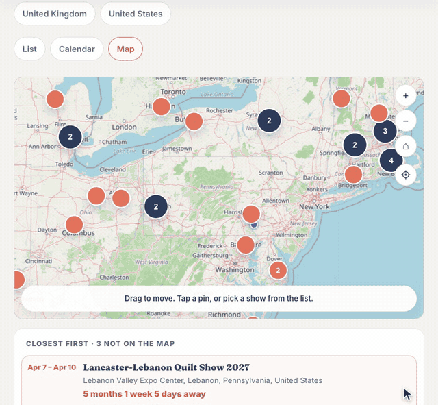 On Quiltler's quilt show calendar, searching quilt show and pressing Near me lists the closest shows first with how long until each opens and how far away it is, then the map shows them in clusters that open out around you