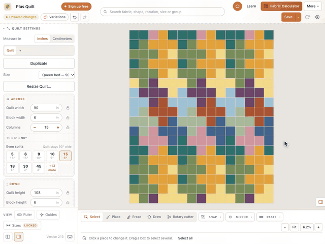 In the designer, Resize Quilt… takes the 60 × 72 Plus Quilt to a queen bed: the preview first frames it in a border, then grows it with more blocks round the old quilt, and Resize quilt makes it 15 × 18 blocks, 90 × 108 inches