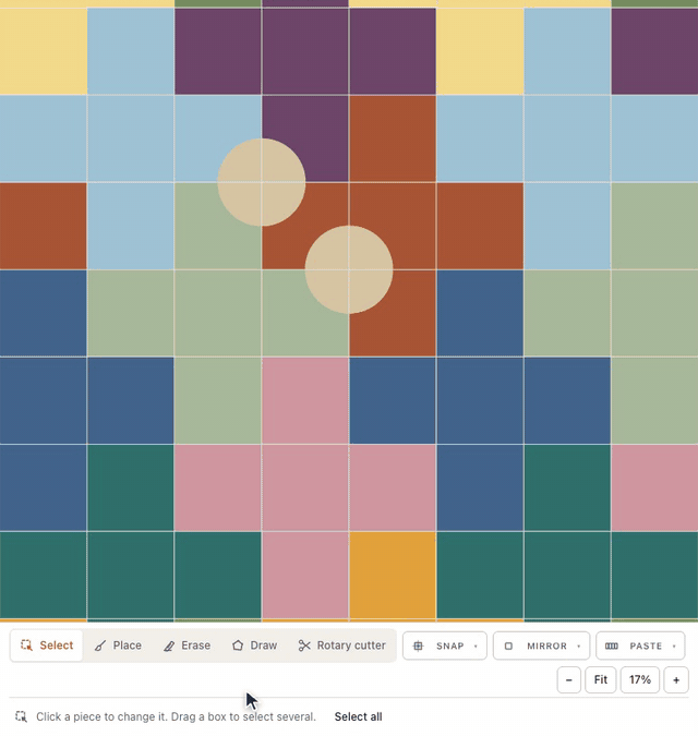 In the designer, the Snap menu plays a short preview of each mode as the cursor passes Space center, Where lines cross and Halfway along a line; choosing Where lines cross drops circles centered on the seams' crossings