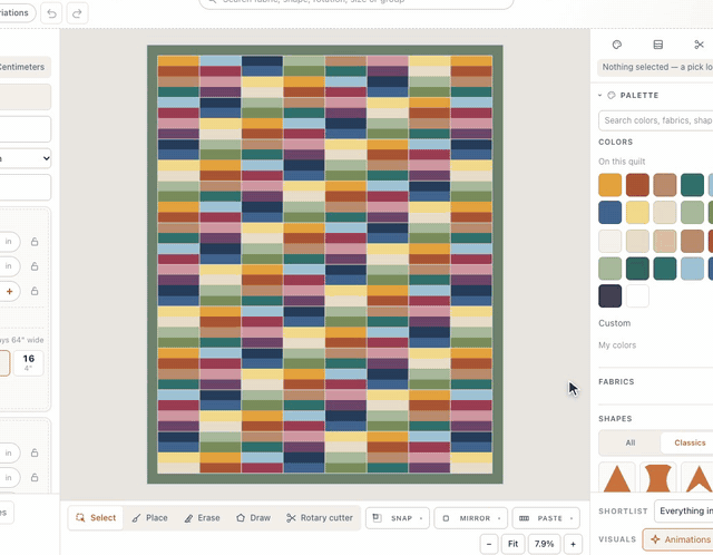 In the new-quilt setup, the Jelly Roll Strips starter asks about the roll instead of the bed: two rolls, four-strip blocks and a border from the leftovers, with a count of strips used and left, then it opens on the design wall