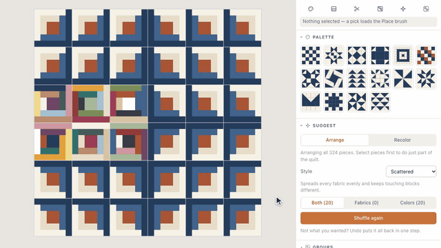 In the designer, a box dragged across six Log Cabin blocks selects them; with Suggest set to Selected, Recolor turns only those six plum, then Arrange scatters the palette across them while the other 30 blocks stay as they were