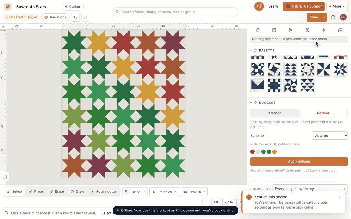 A Sawtooth Stars quilt open in the designer; the connection drops and a notice reads Offline. Your designs are kept on this device until you're back online; the quilt is recolored in Autumn and saved, Kept on this device, then the connection returns and the save syncs to All changes saved