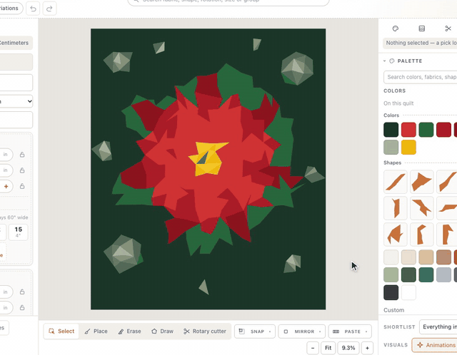 A poinsettia photo turned into an English paper pieced throw: the live preview redraws it in hexagons, then diamonds, then free shapes, and Start designing lays it on the design wall