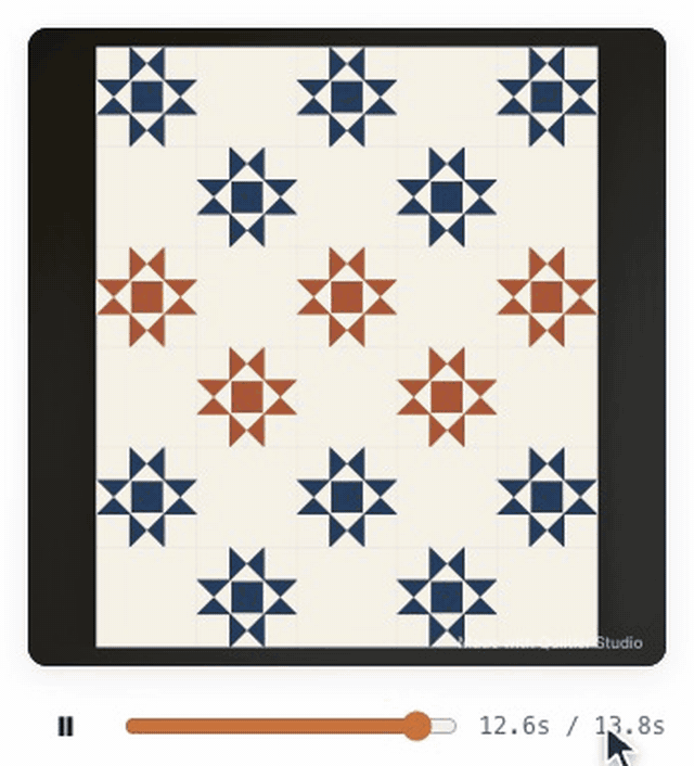A throw-size Ohio Stars quilt builds itself in Quiltler's video preview: the first navy star is laid piece by piece, copied across the row and down the quilt, until all 15 stars are in place