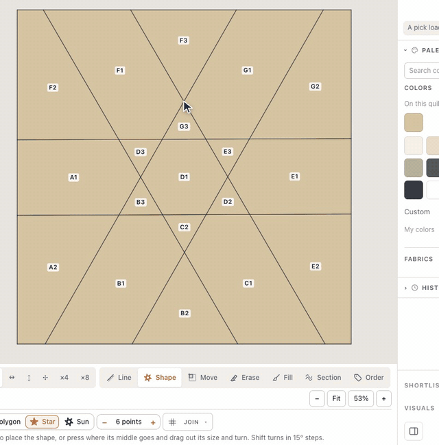 On the paper piecing tool bar, Shape offers a polygon, a star or a sun; the Join menu plays a little film of each way to join it, and Straight through runs every side of a six-point star out to the edges