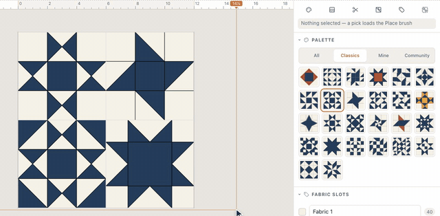 In the block builder, typing star into the palette search lists the star blocks; an Ohio Star, a Sawtooth Star, a Friendship Star and an Evening Star are dragged into the four squares of a new block, each landing sized to its square