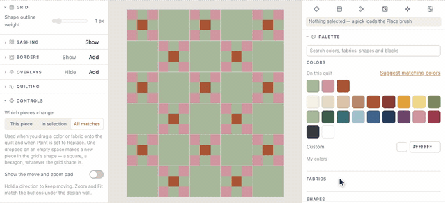 In the designer, Rose dragged from the palette onto one denim square of an Irish Chain quilt changes just that square; with Which pieces change set to All matches, Rose dropped on another square turns every denim square rose, and Sage dropped on a cream square turns all the cream background sage