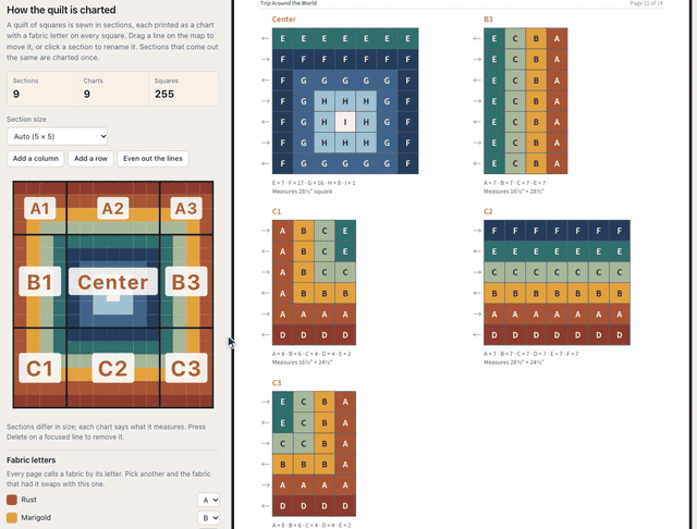 On the printable pattern's Sections tab for a Trip Around the World quilt of 255 squares, the lines on the section map are dragged outward a square each so the middle section holds the whole center; it is named Center, and the pattern preview scrolls to the lettered charts, where Center prints as its own chart