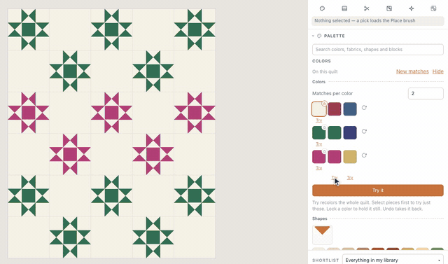 In the designer, Suggest matching colors beside an Ohio Stars quilt’s cream, navy and rust offers matches for each; with cream locked, Try under a column recolors the navy and rust stars, Try under the next gives another pair, and New matches then Try deals a third, all on the same cream