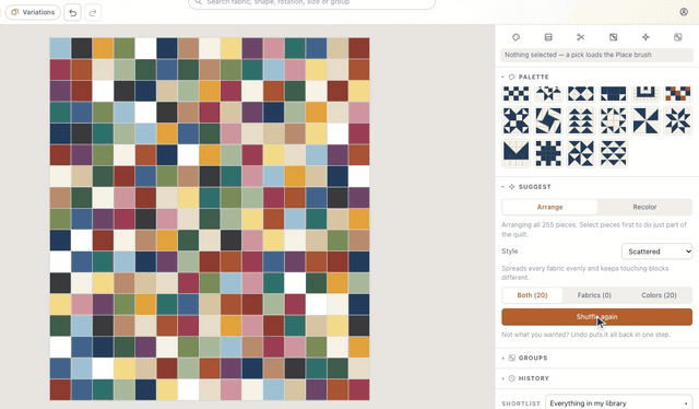 In the designer, the sparkle at the top of the right panel opens Suggest; Arrange with the Scattered style deals every square of a Trip Around the World quilt into a scrappy mix, Shuffle again deals another, and Undo twice brings the rings back