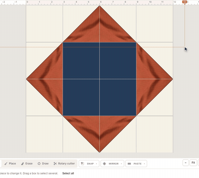 In the block builder, a rust herringbone half-square triangle is turned over the drafting grid, and two clicks lay eight star points around a navy center, four at a time, making a star block
