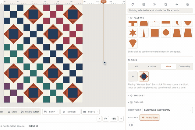 In the quilt designer, Blocks → Mine holds the saved Harvest Star; picked, it is stamped into the ten plain squares of a nine patch quilt, one click each