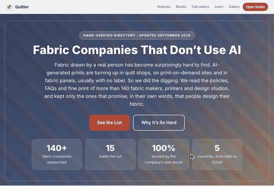 The Fabric Companies That Don't Use AI page: See the List, then the filters narrow the directory to quilting cotton makers and to indie fabric labels, and a card shows the company's own no-AI promise and its source