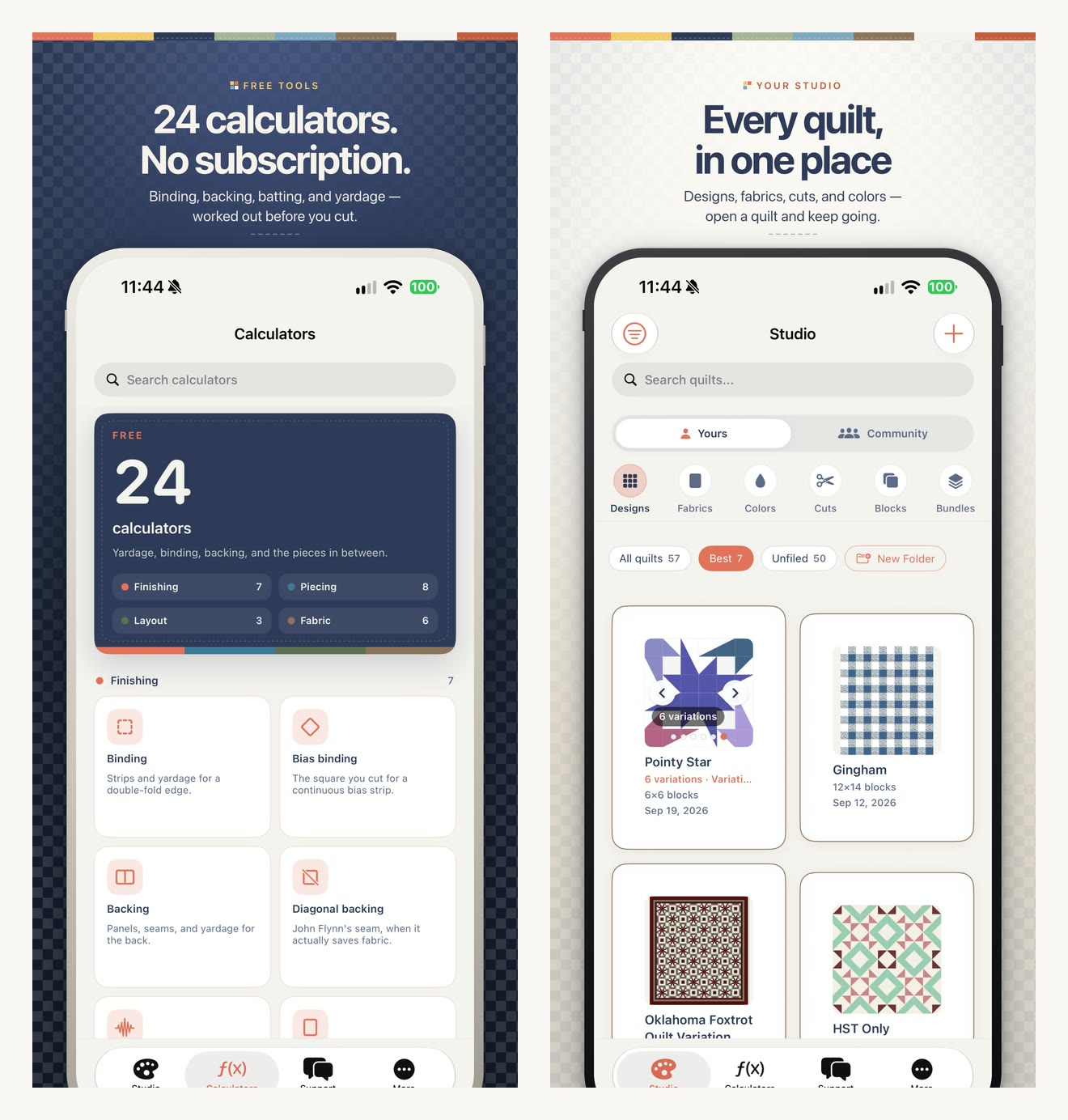 Two iPhone screens from Quiltler 3: the Calculators tab with 24 free calculators grouped into Finishing, Piecing, Layout and Fabric, and the Studio tab with Yours and Community side by side above the shelves and folder chips