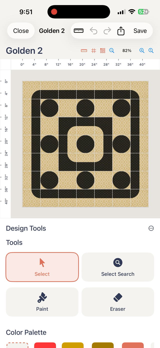 Animated demo of professional quilt design tools - arranging blocks, selecting colors, and editing patterns in Quiltler 3 app