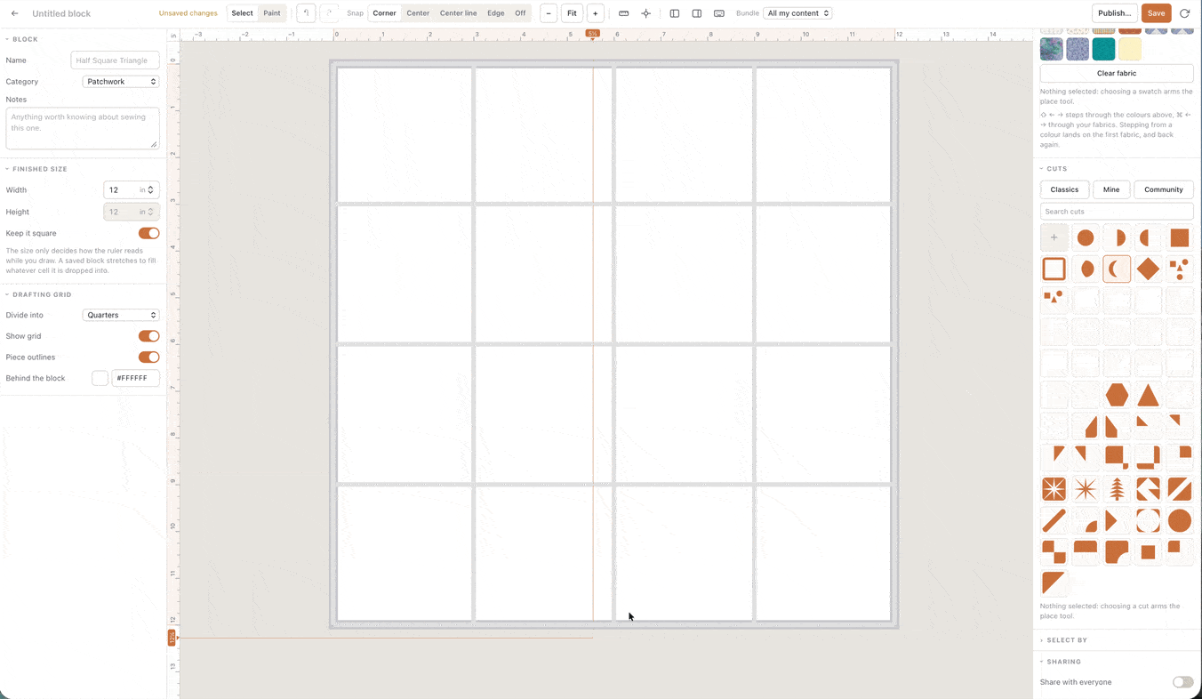 Drafting a custom quilt block on a drafting grid in the Quiltler block designer