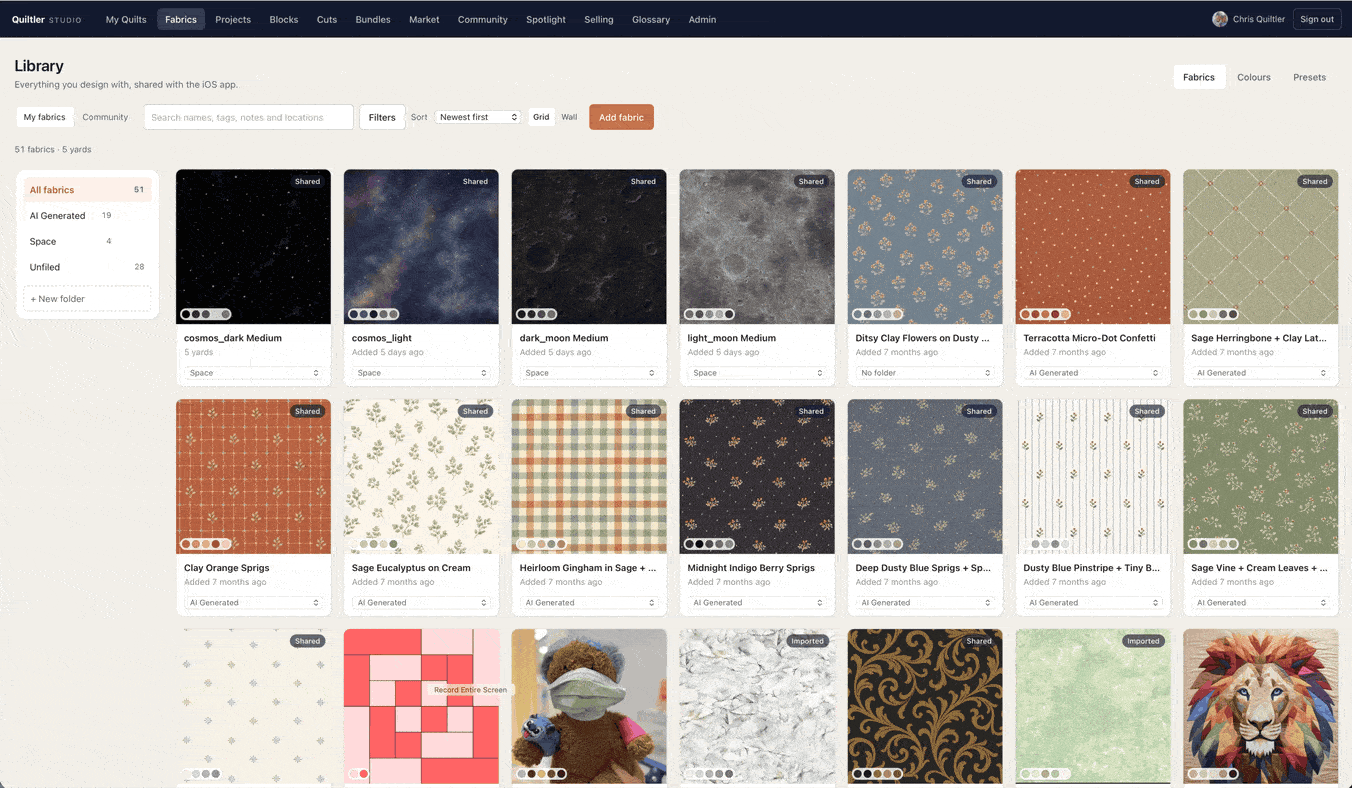 Browsing community shared quilting fabrics, cuts and blocks and adding them to a personal library in Quiltler