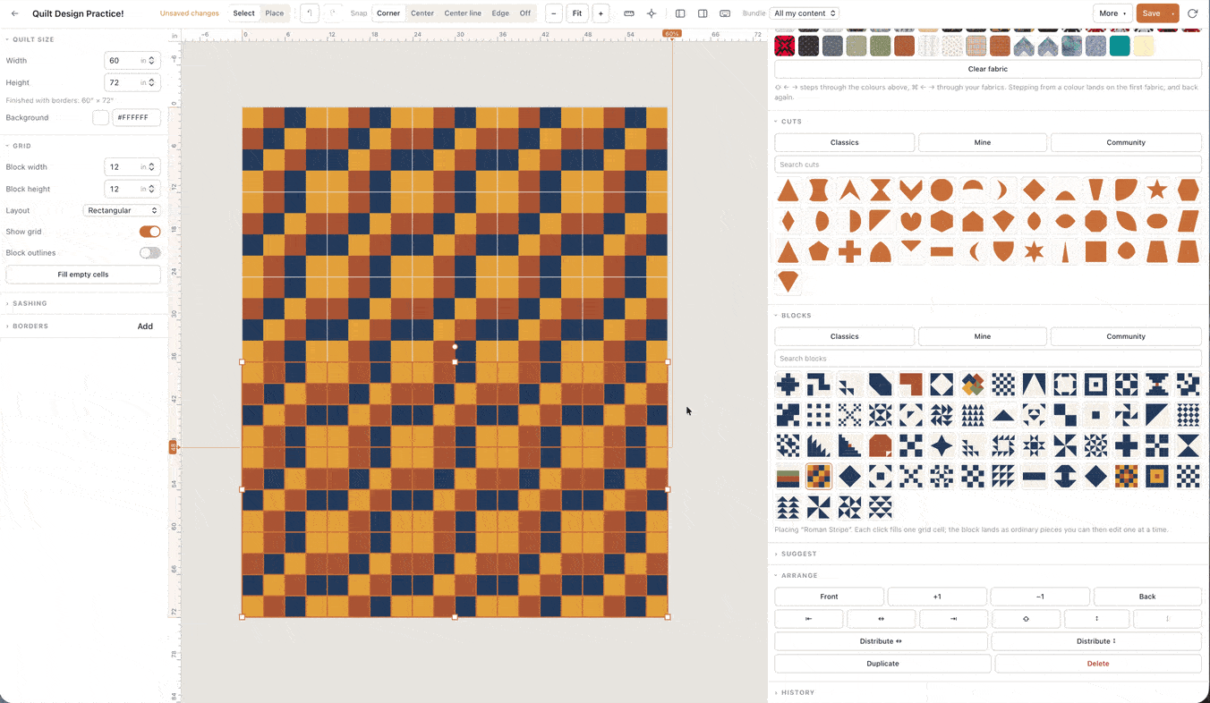 Quiltler generating quilt design ideas and color layouts automatically from a fabric selection