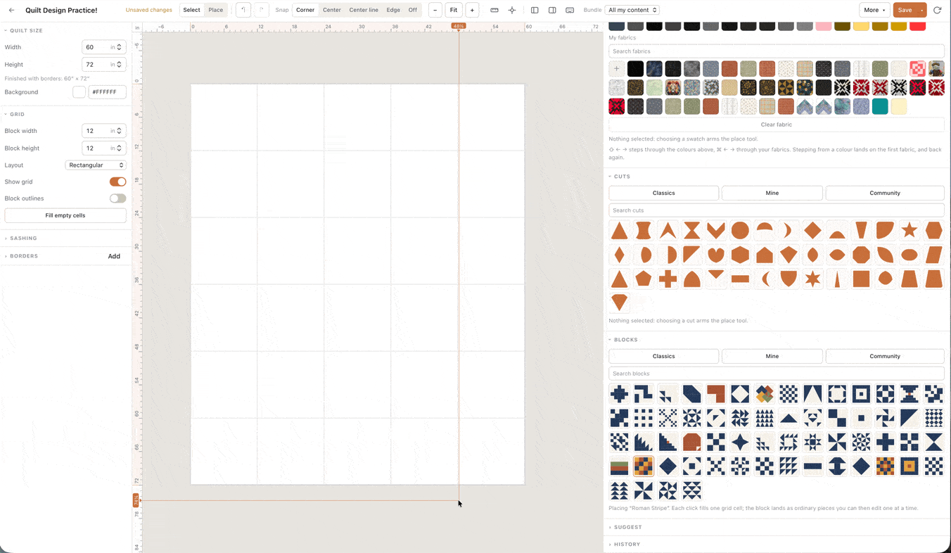 Quiltler desktop quilt design studio: setting quilt size and block grid, then placing blocks and fabrics on the canvas