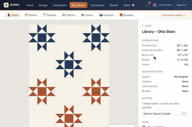 June's Quilts page says Margaret Hale sent you a quilt; Review opens Sent to you with Library – Ohio Stars from Margaret Hale, as their own quilt, and Accept makes it June's and opens it