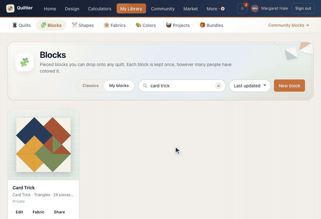 On the Blocks page, Classics shows the traditional blocks; card trick is typed into the search, Add to my blocks on Card Trick turns to In your blocks, and My blocks now lists Card Trick