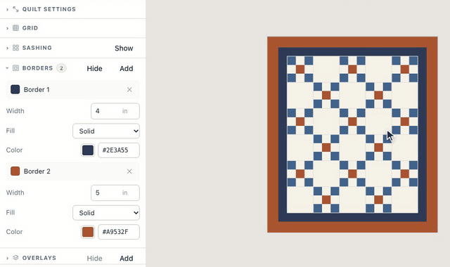 In the Borders section, Add frames the Irish Chain in Border 1, typing a color turns it navy, then Add puts Border 2 round it, made 5 inches wide and rust