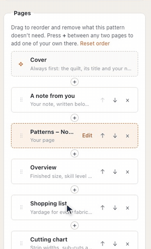 In the printable pattern's Pages list, Contents is removed; Insert a page here after the cover opens a list of your own pages and starters, Patterns – Notes page is picked and lands after the cover, and its down arrow moves it below A note from you