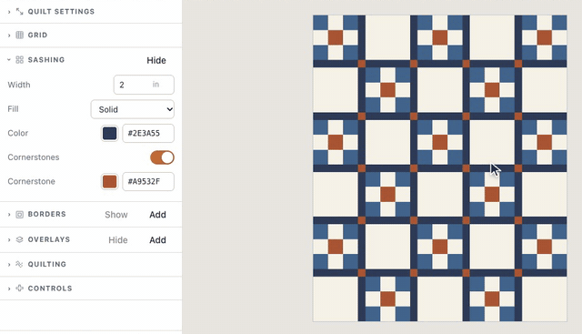 In the designer’s Sashing section, Show puts cream strips between the Irish Chain’s blocks, Cornerstones adds squares where they cross, and typing new colors turns the strips navy and the cornerstones rust