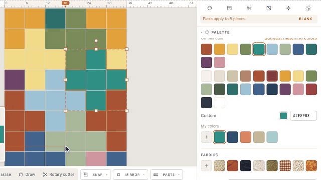 In the designer, five selected plum squares turn teal when #2F8F83 is typed into Custom; the + under My colors opens Save a color with that code, it is named and saved, and the teal joins My colors