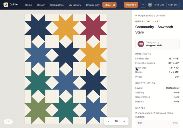 More in the top bar opens a menu and Portfolios lists the public portfolios; Margaret Hale's portfolio opens with its quilts, and one of them, Community – Sawtooth Stars, opens up close