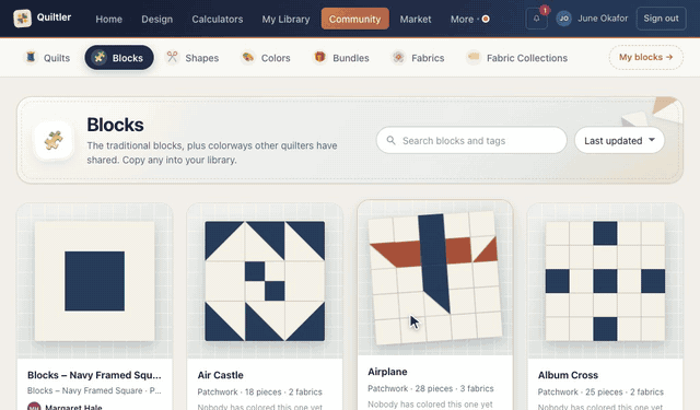 On the Community lobby, Made by quilters, shared with you, Browse quilts lists the quilts other quilters shared, maple typed into the search narrows them to Community – Maple Leaves, and the Blocks tab opens the shared blocks
