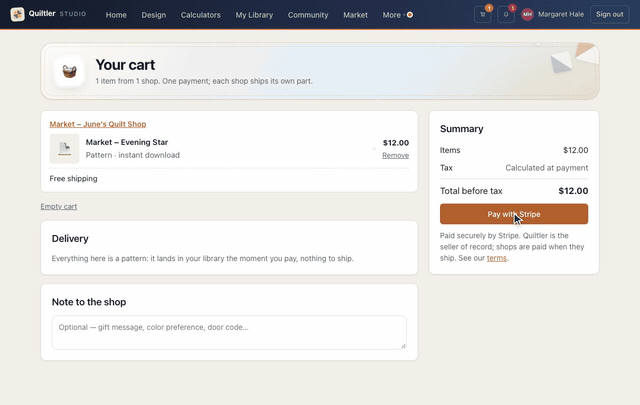 On a pattern's page, Add to cart opens the cart at the side with the pattern grouped under its shop; Go to cart opens Your cart, where Delivery says a pattern has nothing to ship, the Summary adds it up, and the pointer rests on Pay with Stripe