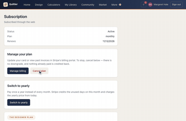 On the account page, Manage subscription opens Subscription: Status Active, Plan monthly and the date it renews; the pointer passes Manage billing and Cancel plan under Manage your plan, and the page moves down to Switch to yearly