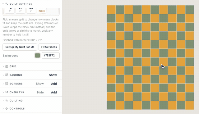 In Quilt settings, typing a navy color into Background turns the gaps between a blank quilt’s marigold squares from white to navy, then a sage green