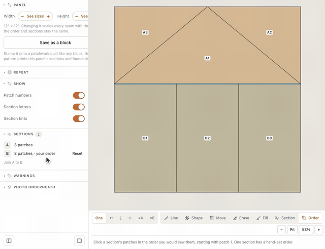 With the Order tool, clicking a paper pieced house's left wall, door and right wall in turn numbers them B1, B2 and B3, and the Sections list marks section B as your order