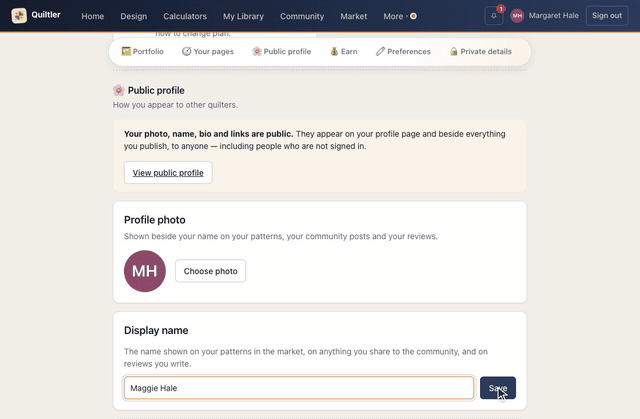 Margaret's name in the top bar opens her account; Public profile jumps to Profile photo and Display name, where a new name is typed beside Save, then Private details jumps to Password with Current password, New password and Update password