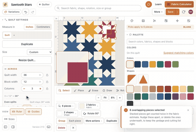 In the designer, More, then Check overlapping pieces selects the pieces stacked on top of each other in the top-right star, and a note says how many overlapping pieces were selected