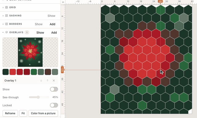With a poinsettia photo over a hexagon grid, Color from a picture opens a dialog with a palette taken from the photo; Colorize fills every hexagon with the photo’s color there, and turning the overlay’s Show off leaves a red and green hexagon poinsettia
