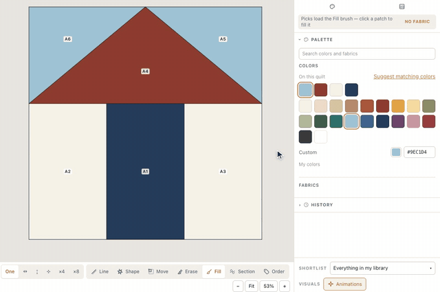 With Fill on the paper piecing tool bar, one drag paints the house's three wall patches cream, then a click each makes the door navy, the roof brick and the two corners sky blue