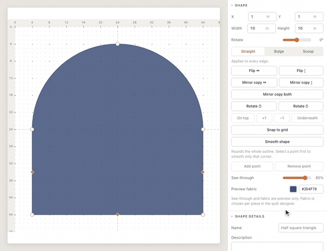 In the Shape Designer, a circle is clicked and a rectangle over its lower half ⌘-clicked, and Join makes them one arch-shaped piece