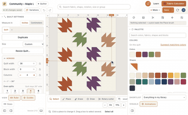 In Community quilts, Community – Maple Leaves is opened; the heart beside it is pressed and its count goes to 1, and Save & edit copies the quilt into June's library and opens the copy in the designer